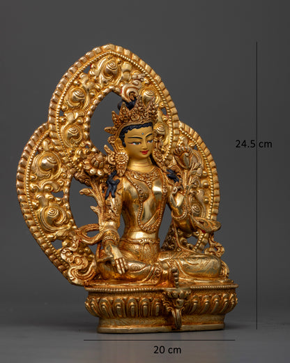 Side view of Green Tara statue Varada Mudra Abhaya Mudra lotus flowers meditation altar decor