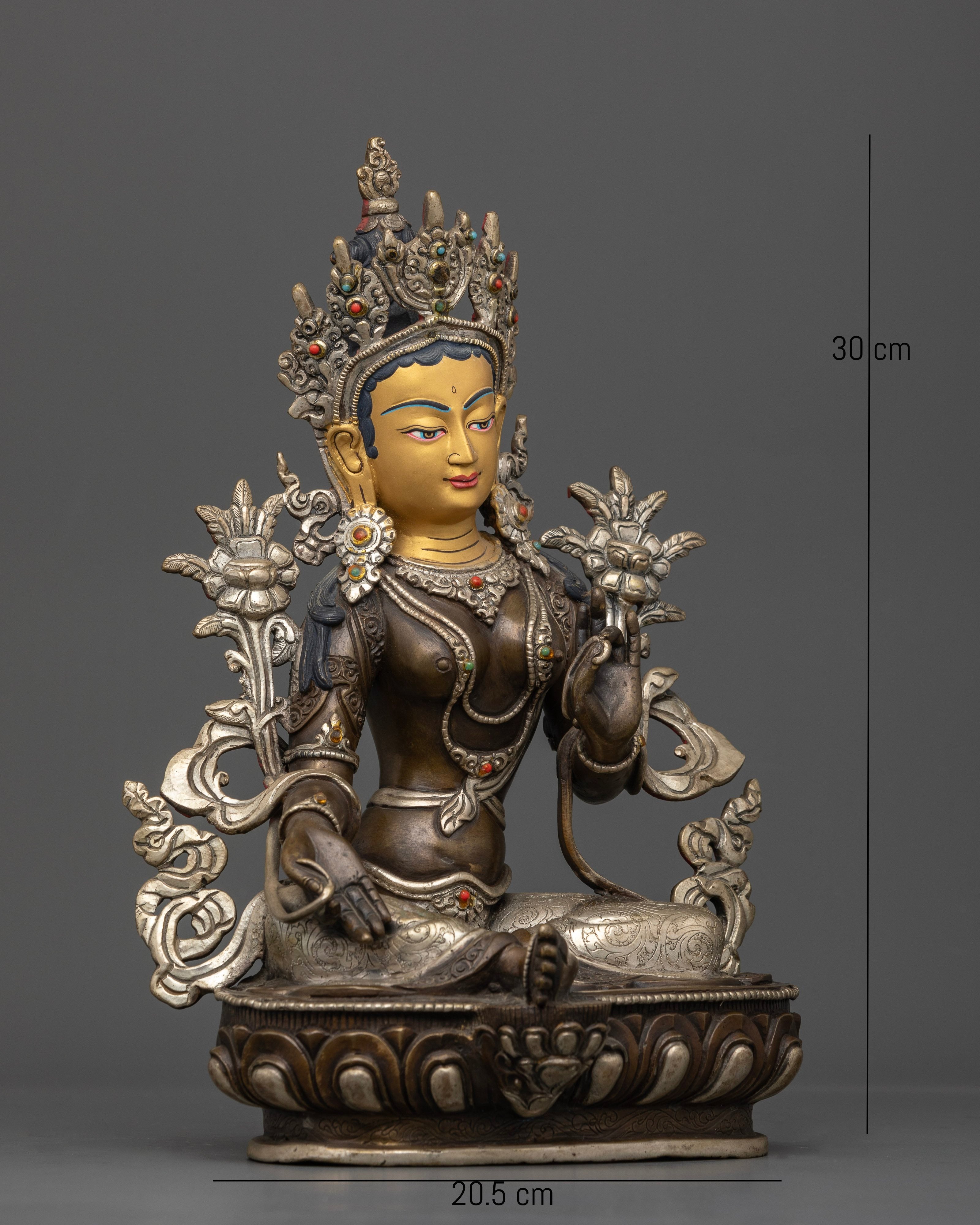 Side view of Green Tara statue lalitasana posture right leg extended meditation spiritual décor