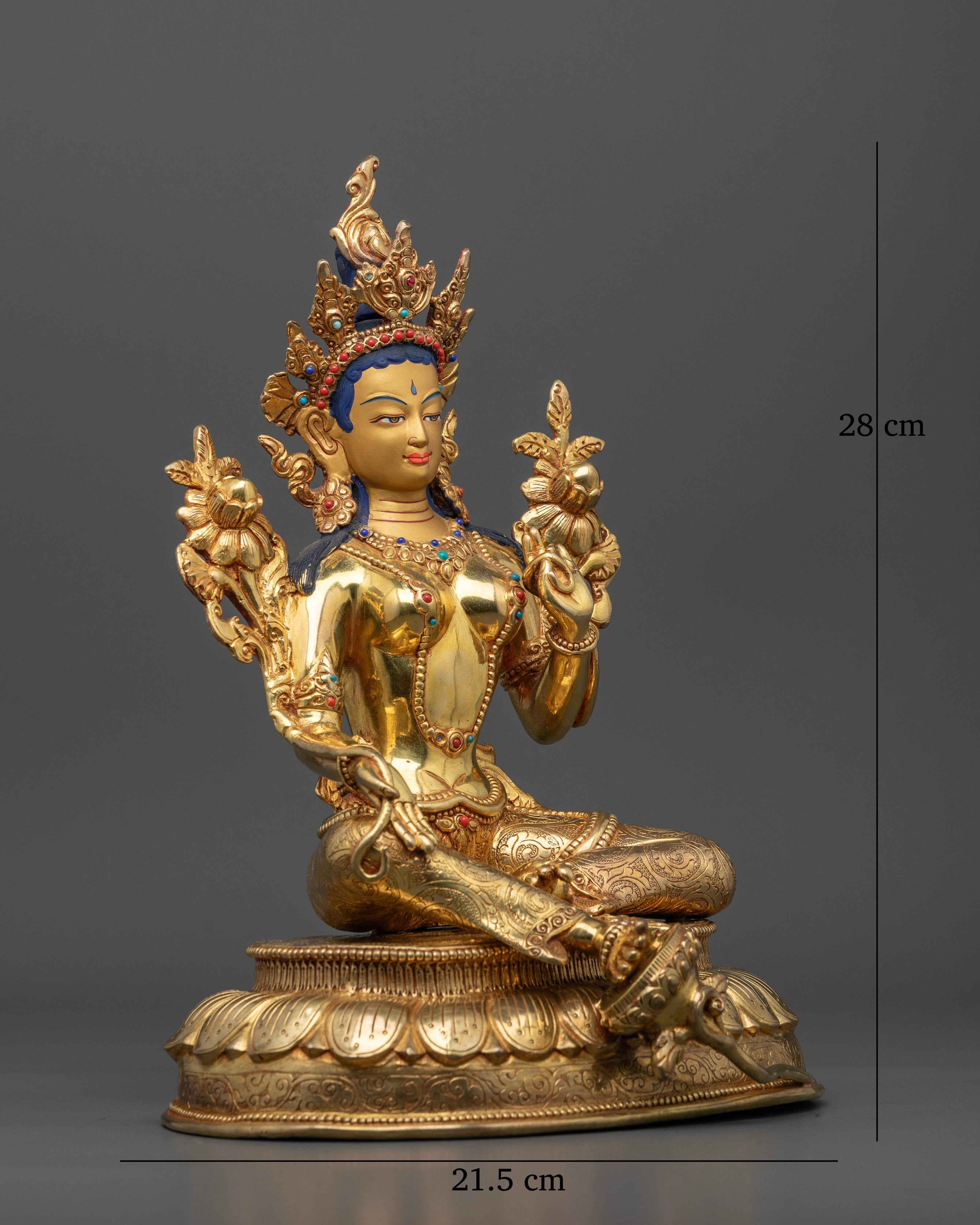 Side view Green Tara statue lalitasana posture varada mudra blue lotus spiritual decor