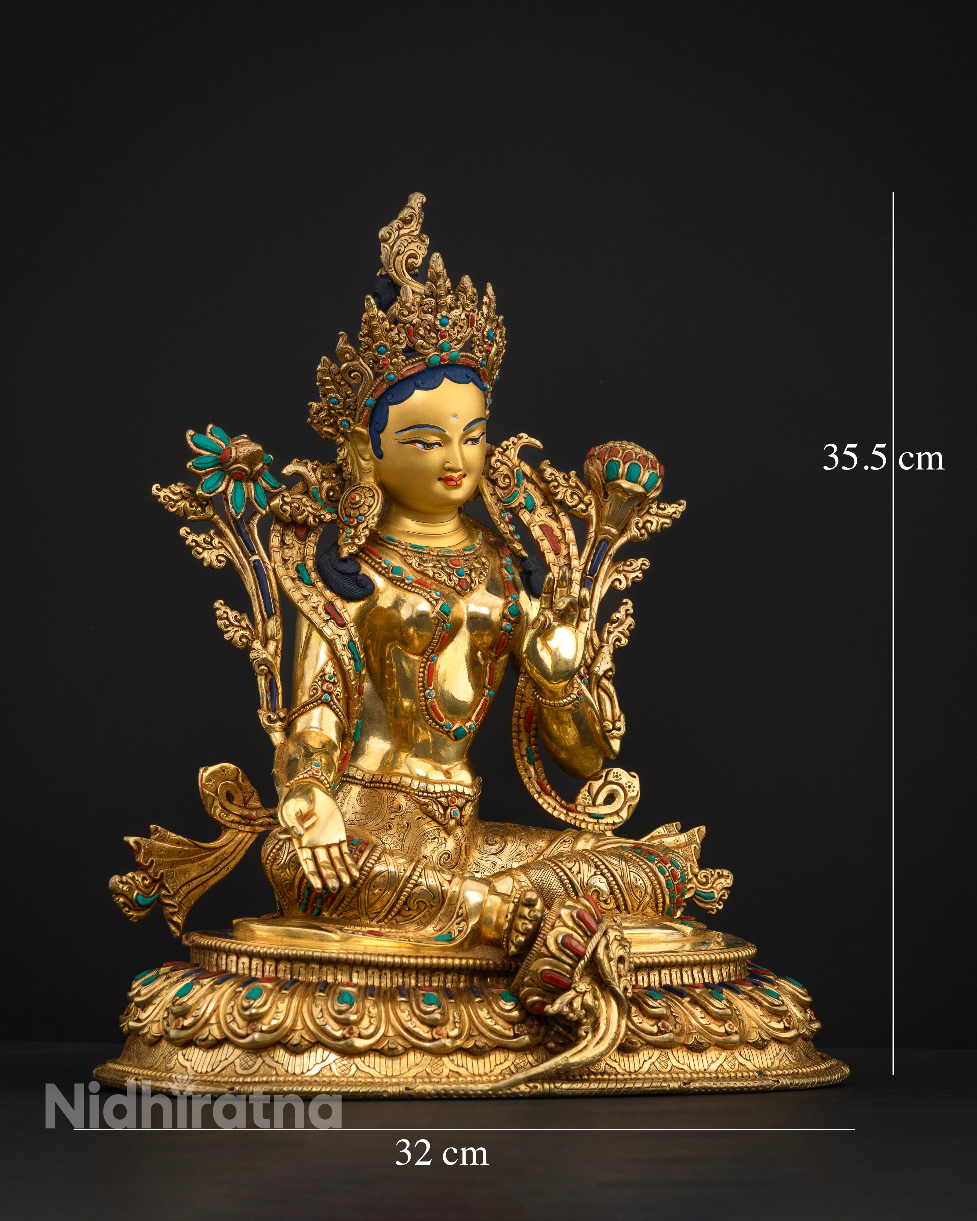 Side view of Green Tara statue lost-wax casting intricate designs semi-precious stones altar décor