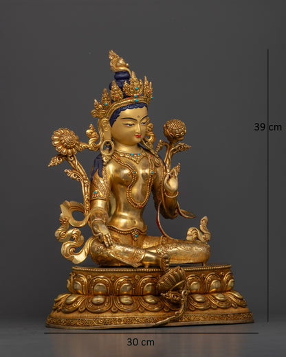 Side view of Green Tara statue royal ease posture right leg extended meditation altar decor