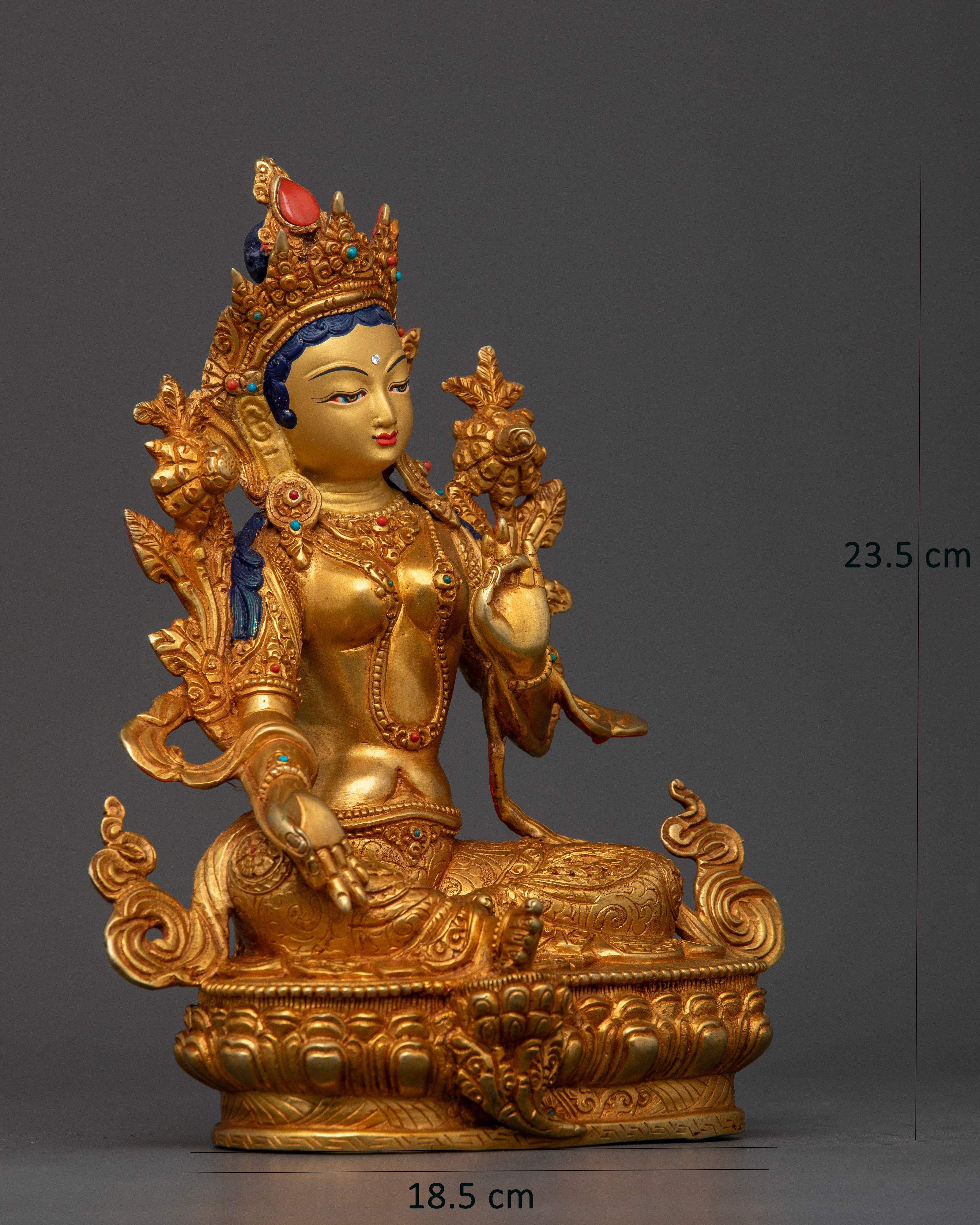 Side view of Green Tara statue varada mudra abhaya mudra lotus posture spiritual home decor