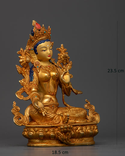 Side view of Green Tara statue varada mudra abhaya mudra lotus posture spiritual home decor