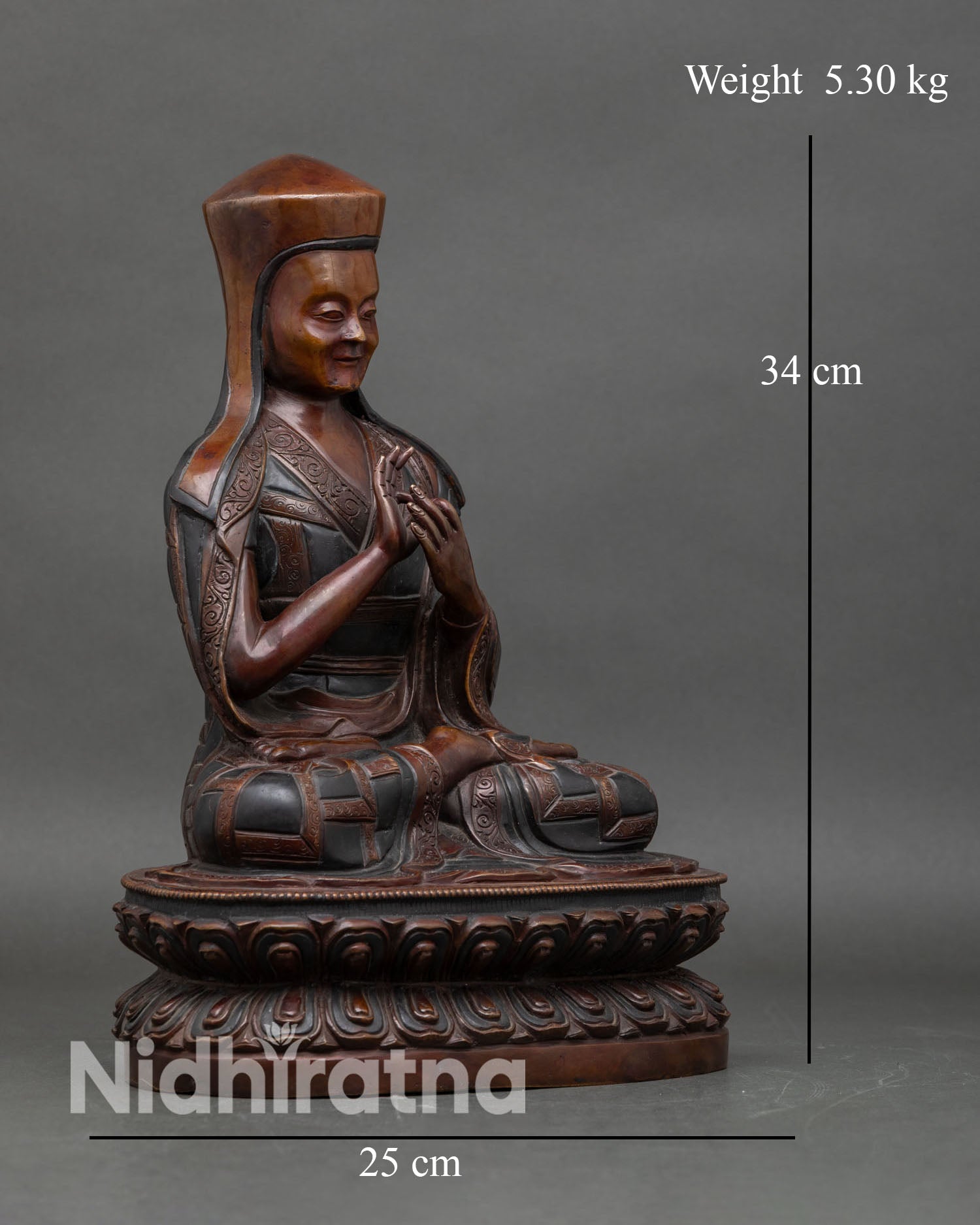 Side view of Karmapa Statue double lotus pedestal moon disc copper spiritual décor