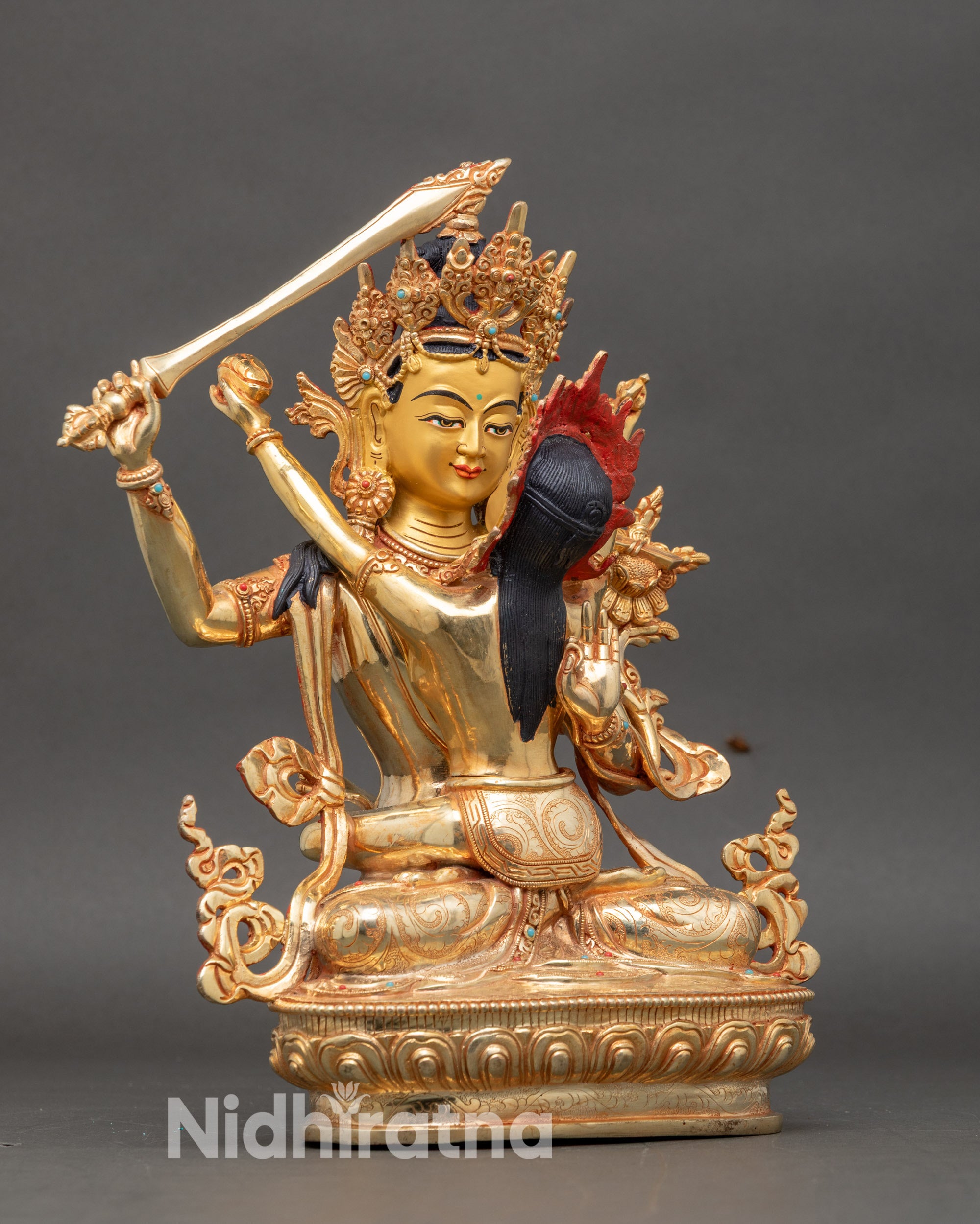 Side-view-Manjushri-with-Consort-Yab-Yum-statue-kartika-skull-cup-lotus-pedestal-Buddhist-sculpture-Nepal
