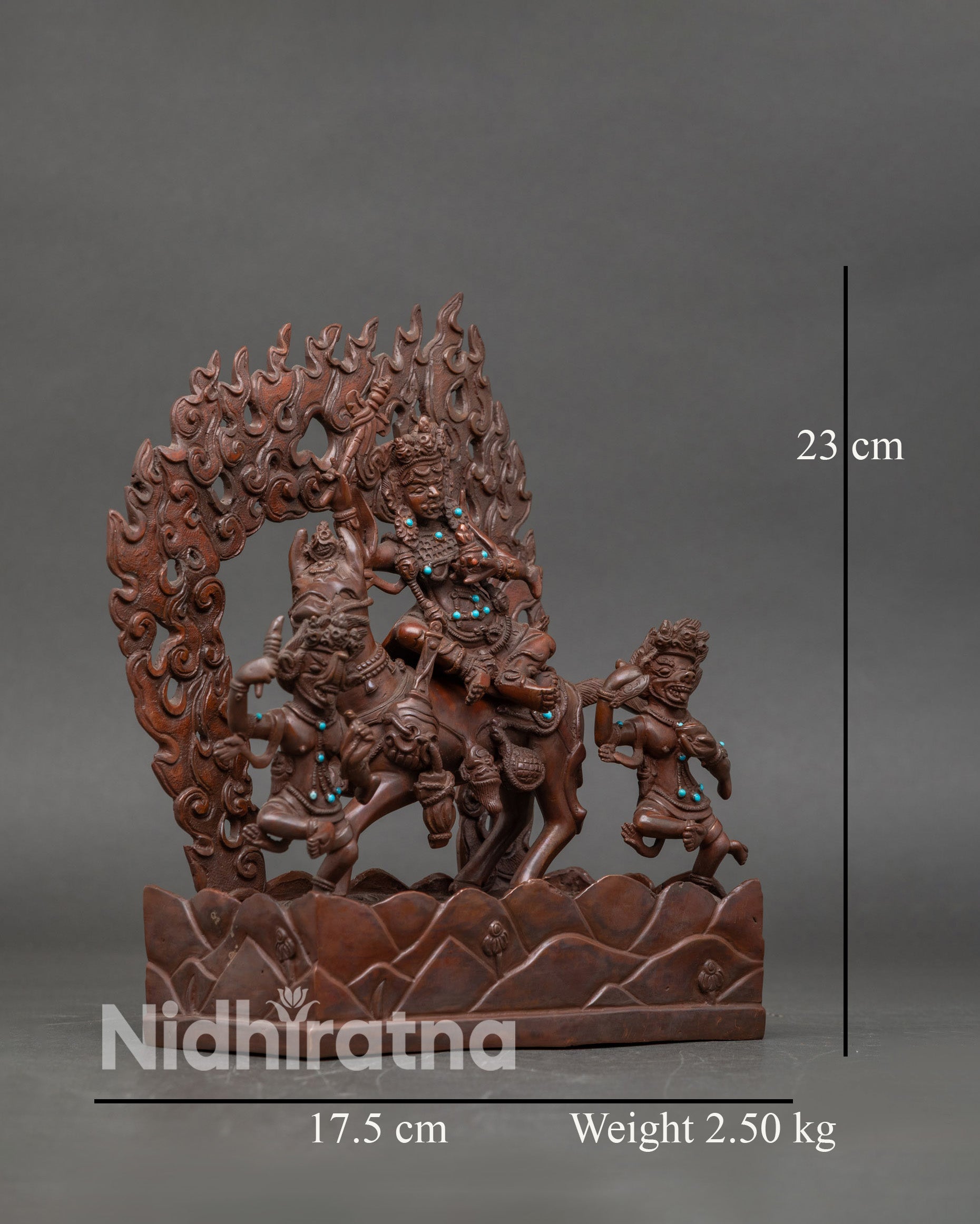 Side view of Palden Lhamo riding mule Buddhist protector statue oxidized Nepal art