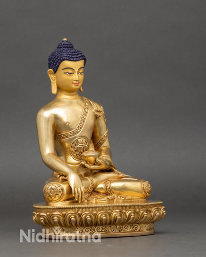 Side-view-Shakyamuni-Buddha-statue-flowing-monastic-robes-8-Auspicious-symbols-spiritual-sculpture