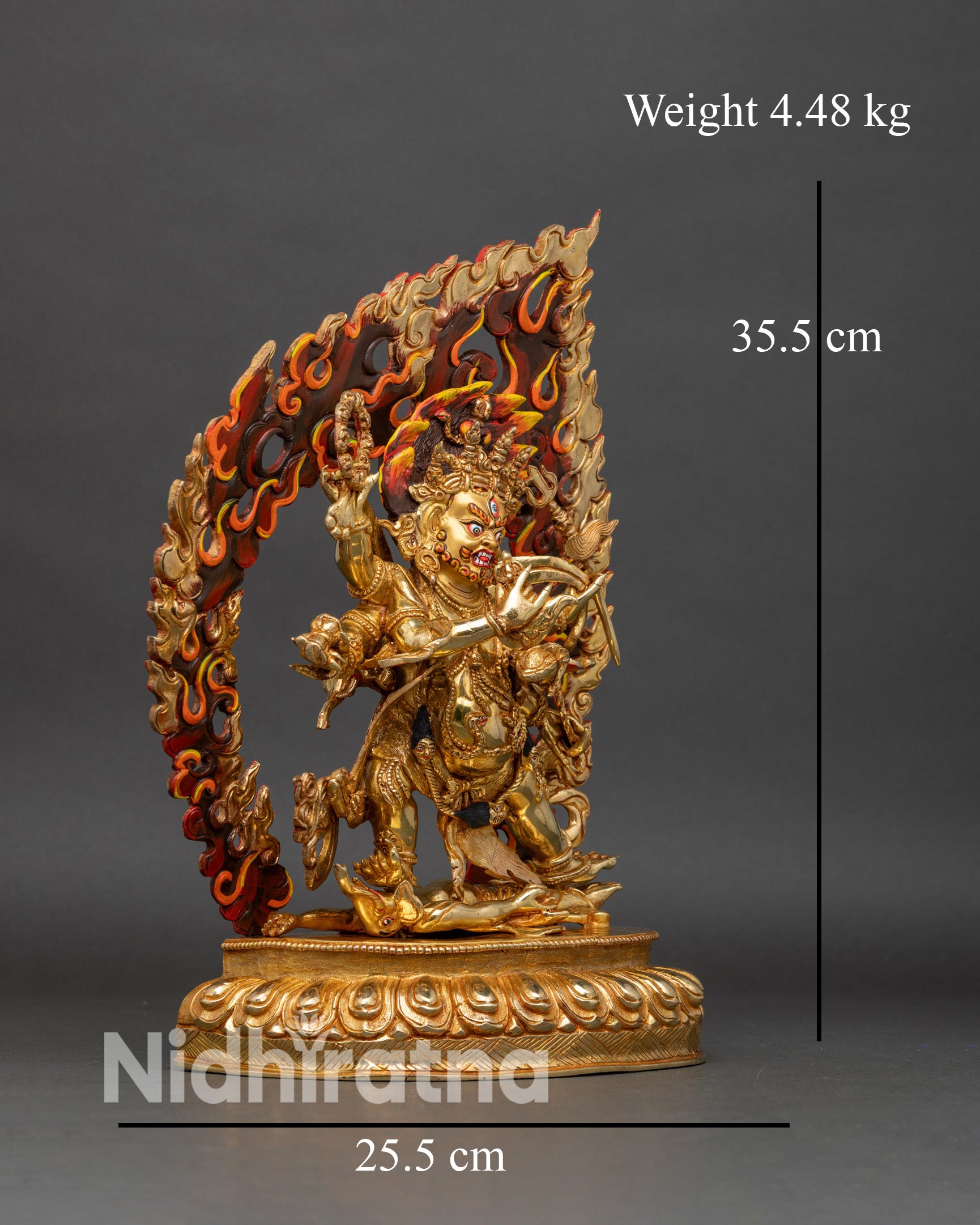 Side-view-Six-Armed-Mahakala-statue-tiger-skin-crown-of-skulls-ritual-implements