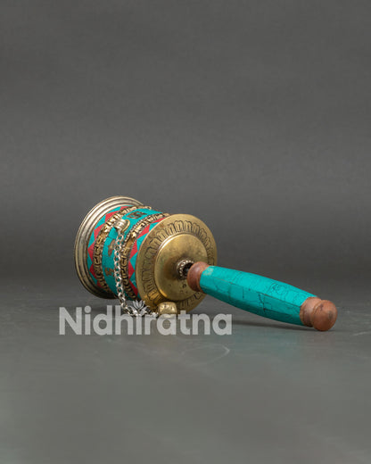 Side view Tibetan Handheld Mantra Wheel handle counterweight spins smoothly