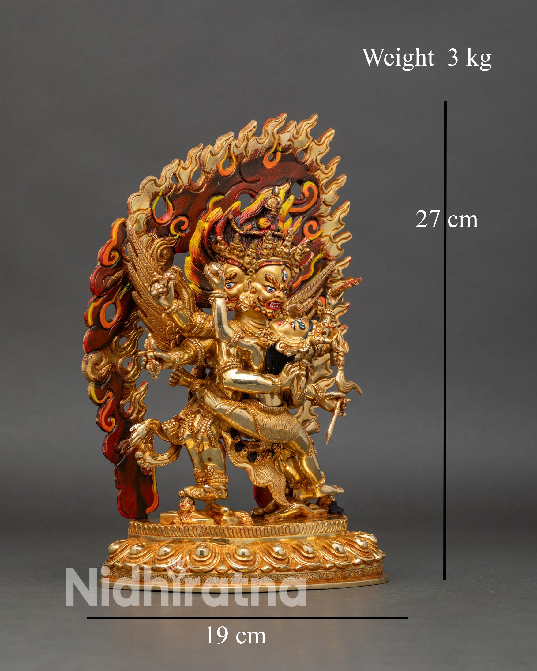 Side view of Vajrakilaya statue flaming halo phurba consort skull cup kartika knife