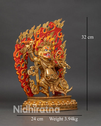 Side view of Vajrapani Statue dynamic posture wrathful deity lotus base spiritual protection