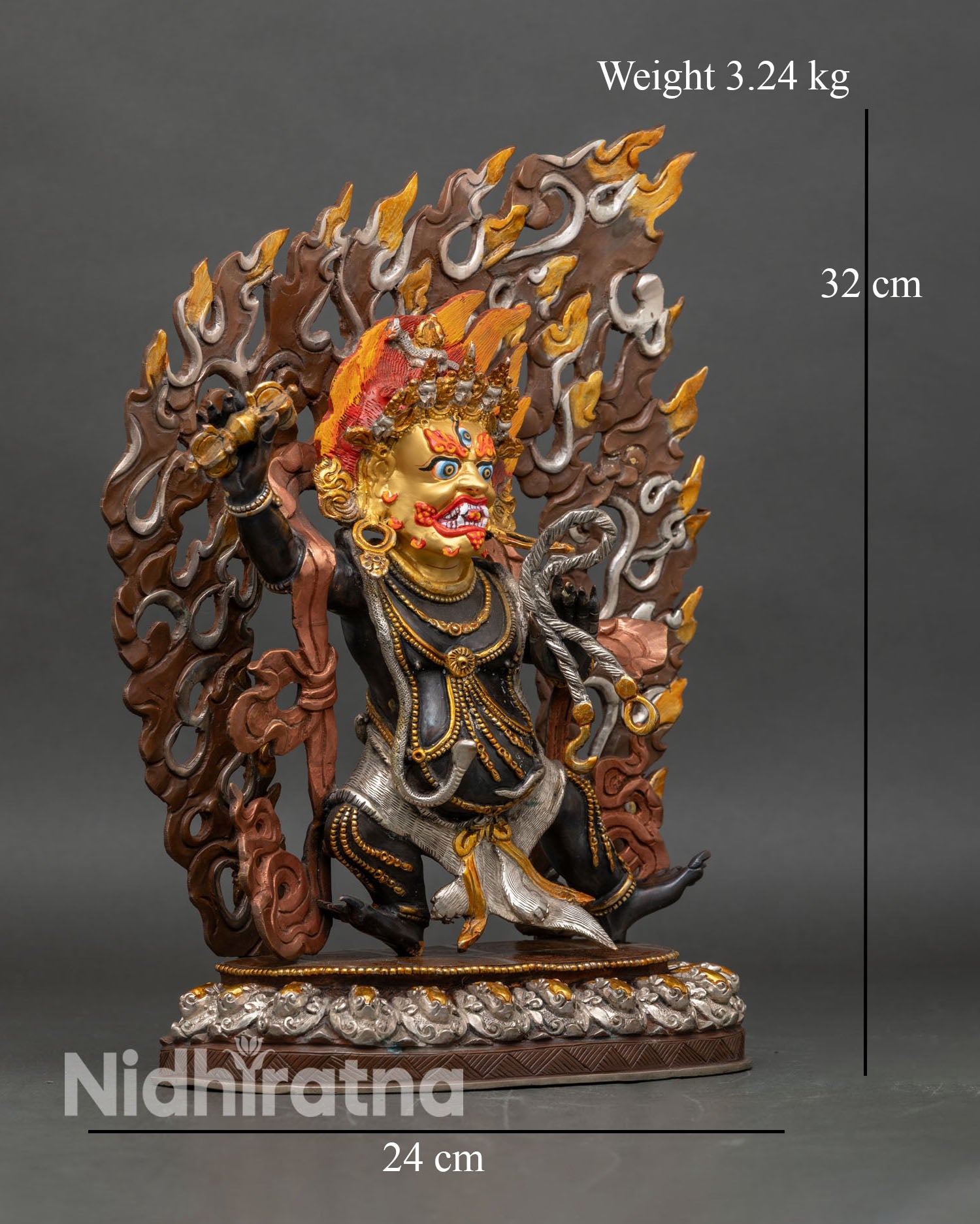 Side view of Vajrapani statue holding Vajra lasso gold painted Tibetan art