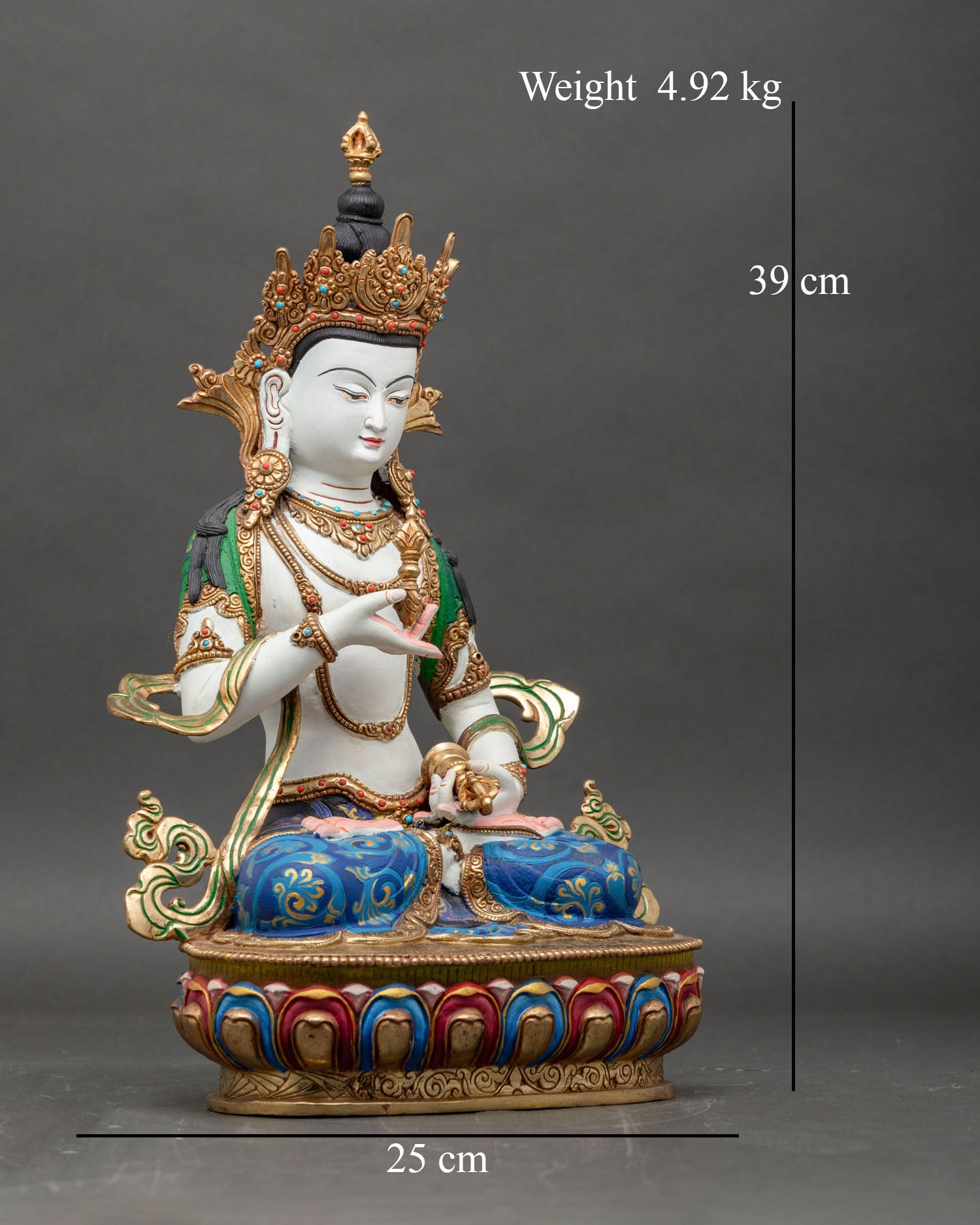 Side view of Vajrasattva Buddha statue, with hand-painted details and semi-precious stones