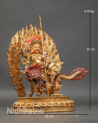 Side view White Dzambhala holding wealth banner and trident mongoose spouting jewels