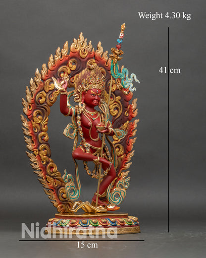 Side view of Dorje Phagmo Statue dancing posture trident protection meditation altar decor Nepal