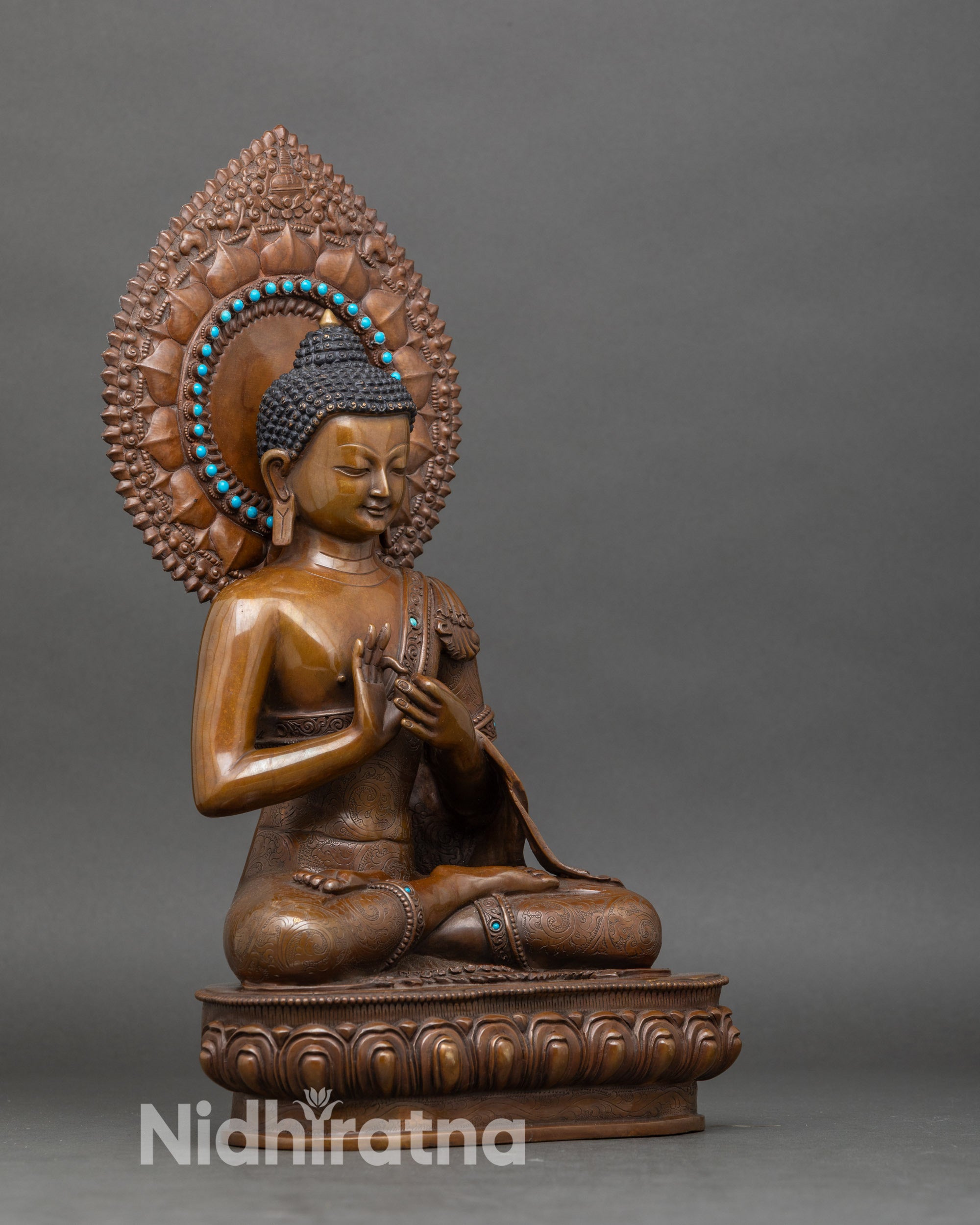 Side view of Himalayan Vairocana Buddha meditation statue, handcrafted by Newari artisan from Patan