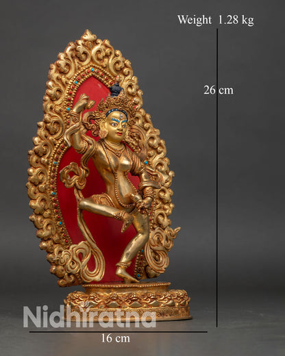 Side view of Machig Labdron Statue dynamic dancing posture ornate throne coral turquoise jewelry Buddhist ritual art