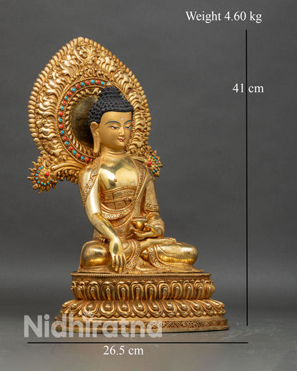 Side view of Shakyamuni Buddha Statue flowing monastic robes double lotus pedestal meditation decor