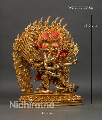 Side view of Vajrakilaya Statue consort flaming halo meditation altar spiritual protection
