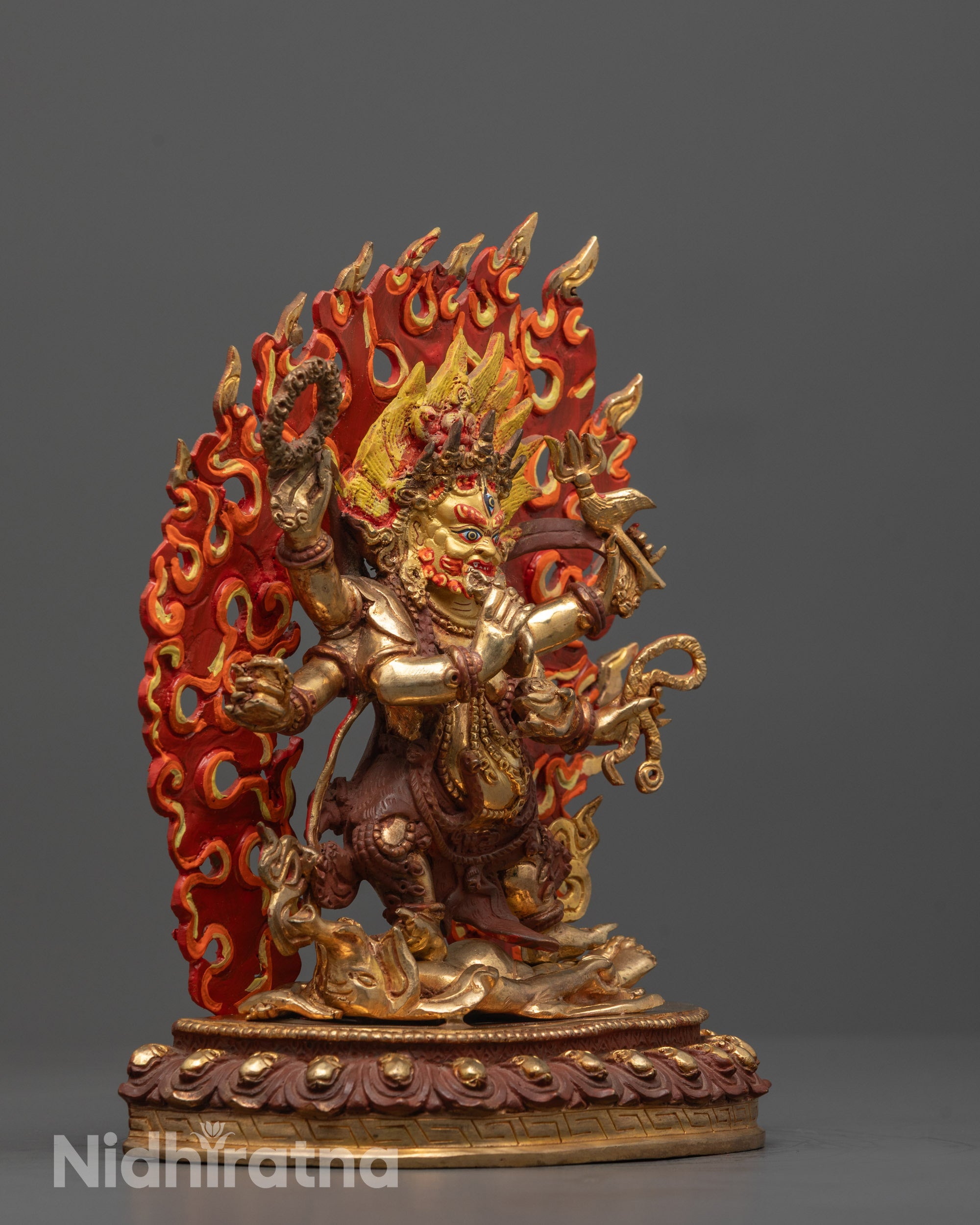 Side Angle Showing Copper Base and Lotus Seat of Six-Armed Mahakala Statue