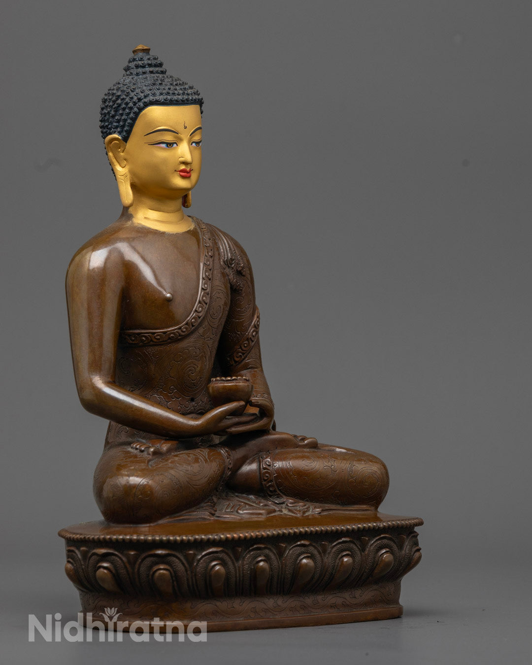 Showing detailed craftsmanship of Amitabha Buddha Statue, highlighting the oxidized copper body and peaceful expression – perfect for home altars or meditation spaces.