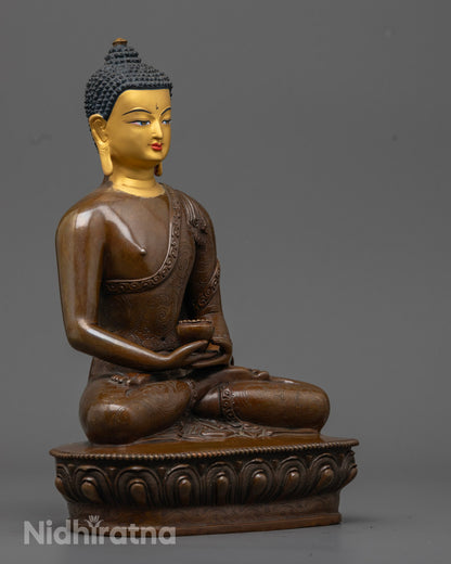 Showing detailed craftsmanship of Amitabha Buddha Statue, highlighting the oxidized copper body and peaceful expression – perfect for home altars or meditation spaces.