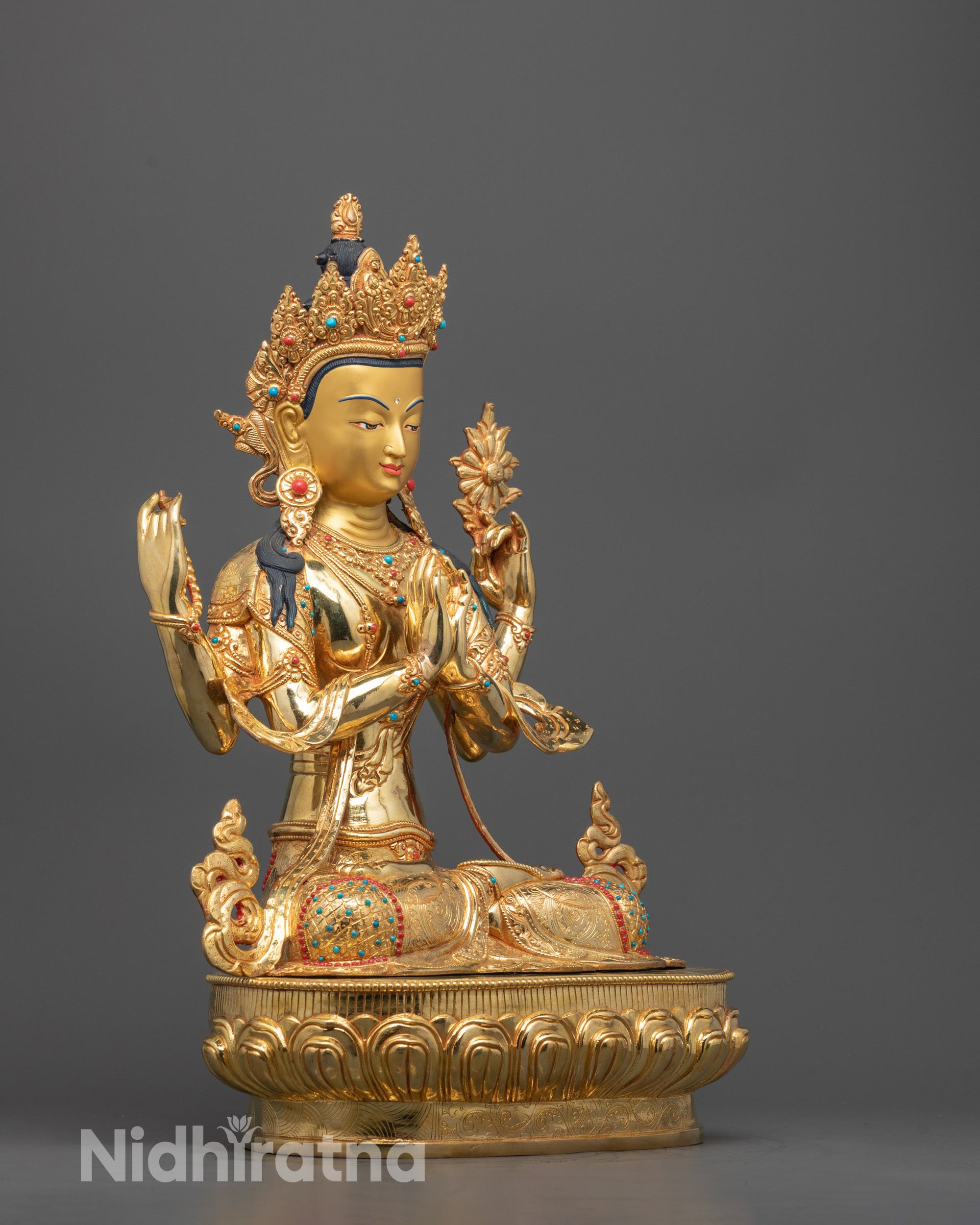 Side Angle of Chenrezig Standing on Lotus Base Holding Vajra with Radiant Gold Polish