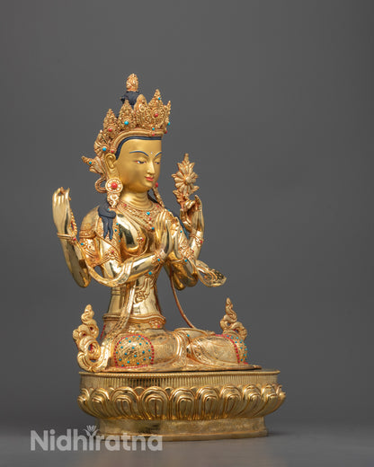 Side Angle of Chenrezig Standing on Lotus Base Holding Vajra with Radiant Gold Polish