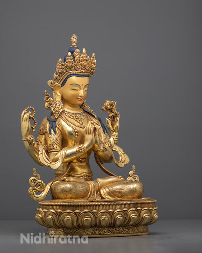 Chenrezig Statue Displaying Intricate Carvings and Detailed Lotus Base – Traditional Nepalese Craftsmanship