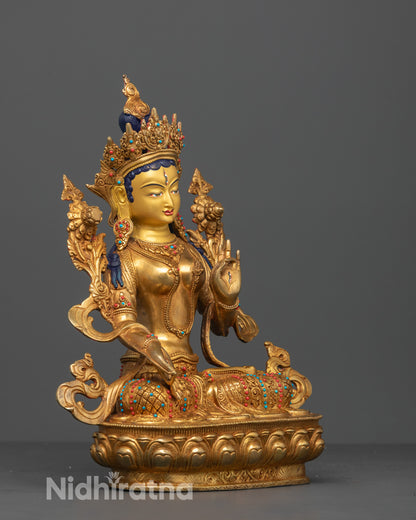 Side Angle of Copper-Based White Tara Statue with Intricate Lotus Seat