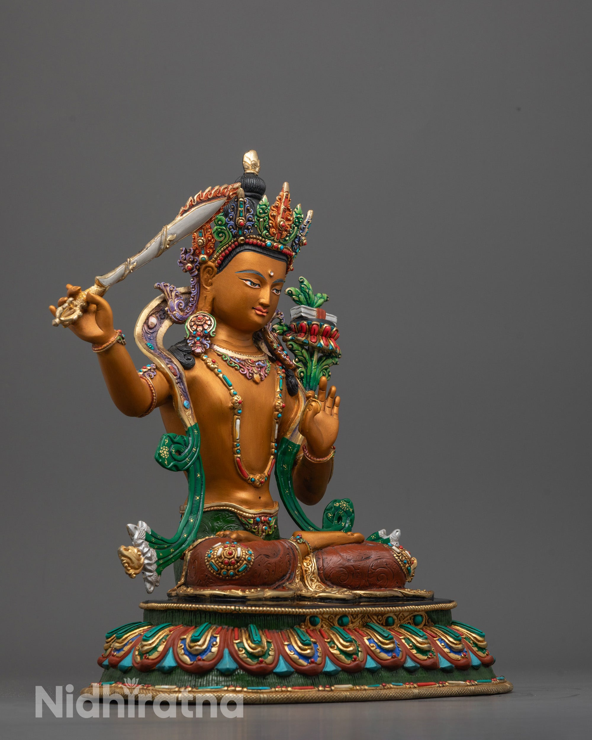 Side Angle of Copper Manjushri Statue with Acrylic Finish