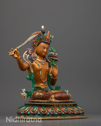 Side Angle of Copper Manjushri Statue with Acrylic Finish