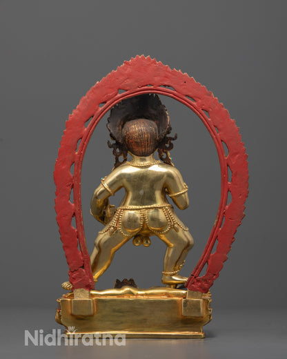 Side Angle of Fire-Gilded Black Dzambhala Statue with Semi-Precious Stones