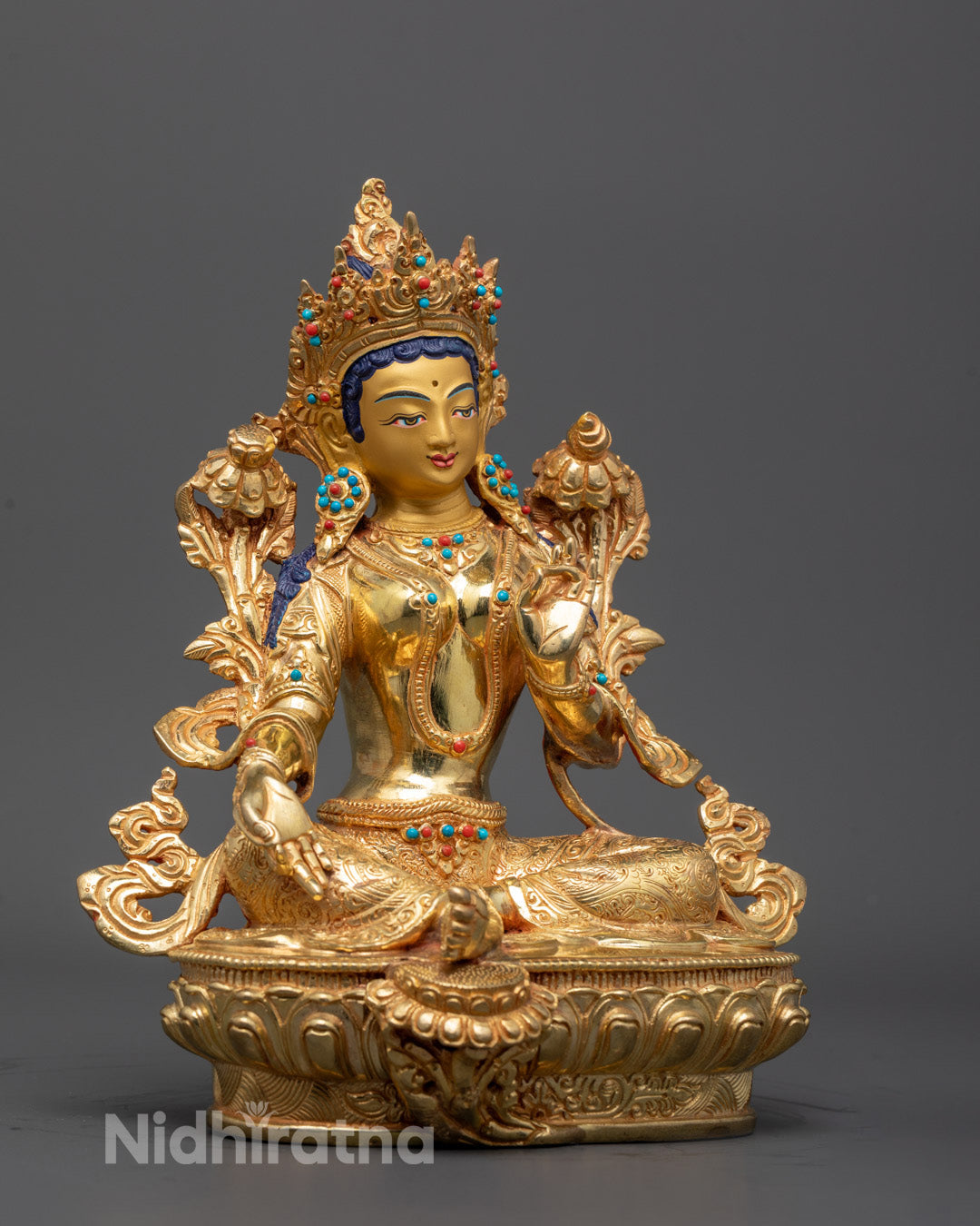 Side Angle of Green Tara Statue Highlighting Lost Wax Carving and Gold Fire Gilding