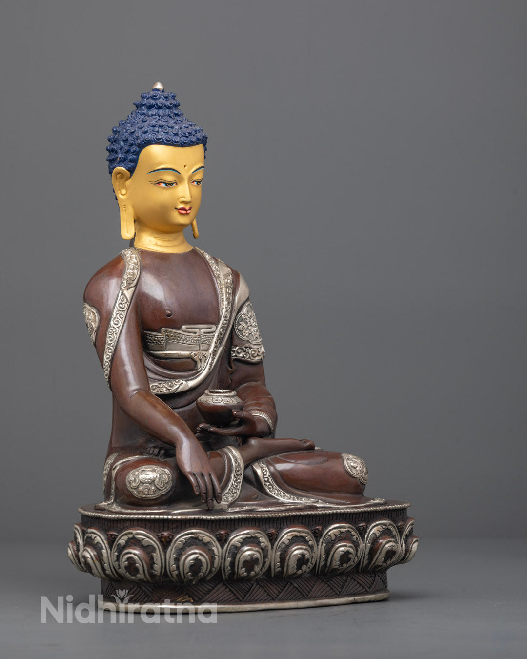 Side Angle of Oxidized Copper Buddha Statue with Silver-Plating Finish