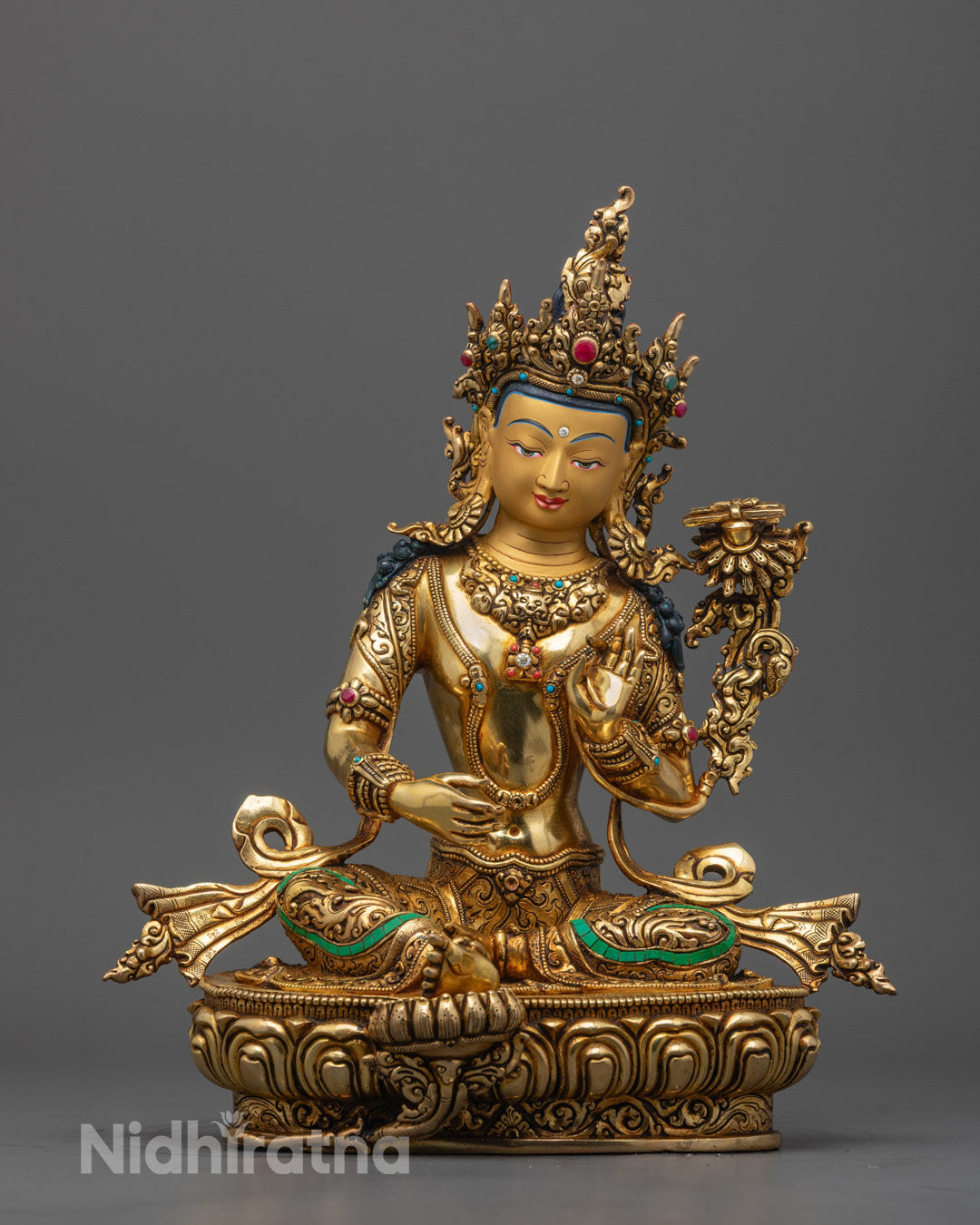Side Angle of Patan-Crafted Manjushri Statue with Copper Base and Flame Sword