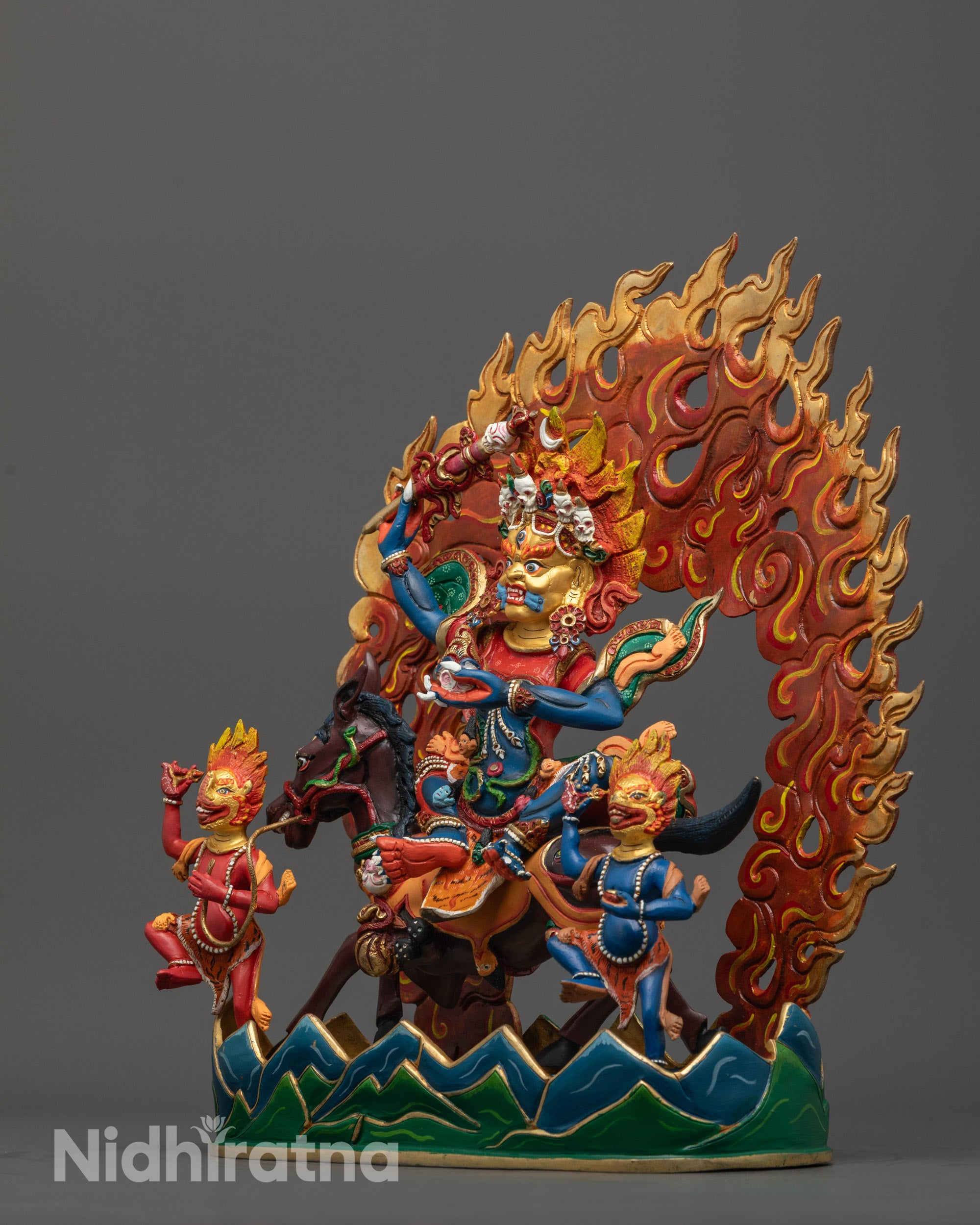 Side Angle of Tibetan Palden Lhamo Protector Statue Featuring Lost Wax Carving