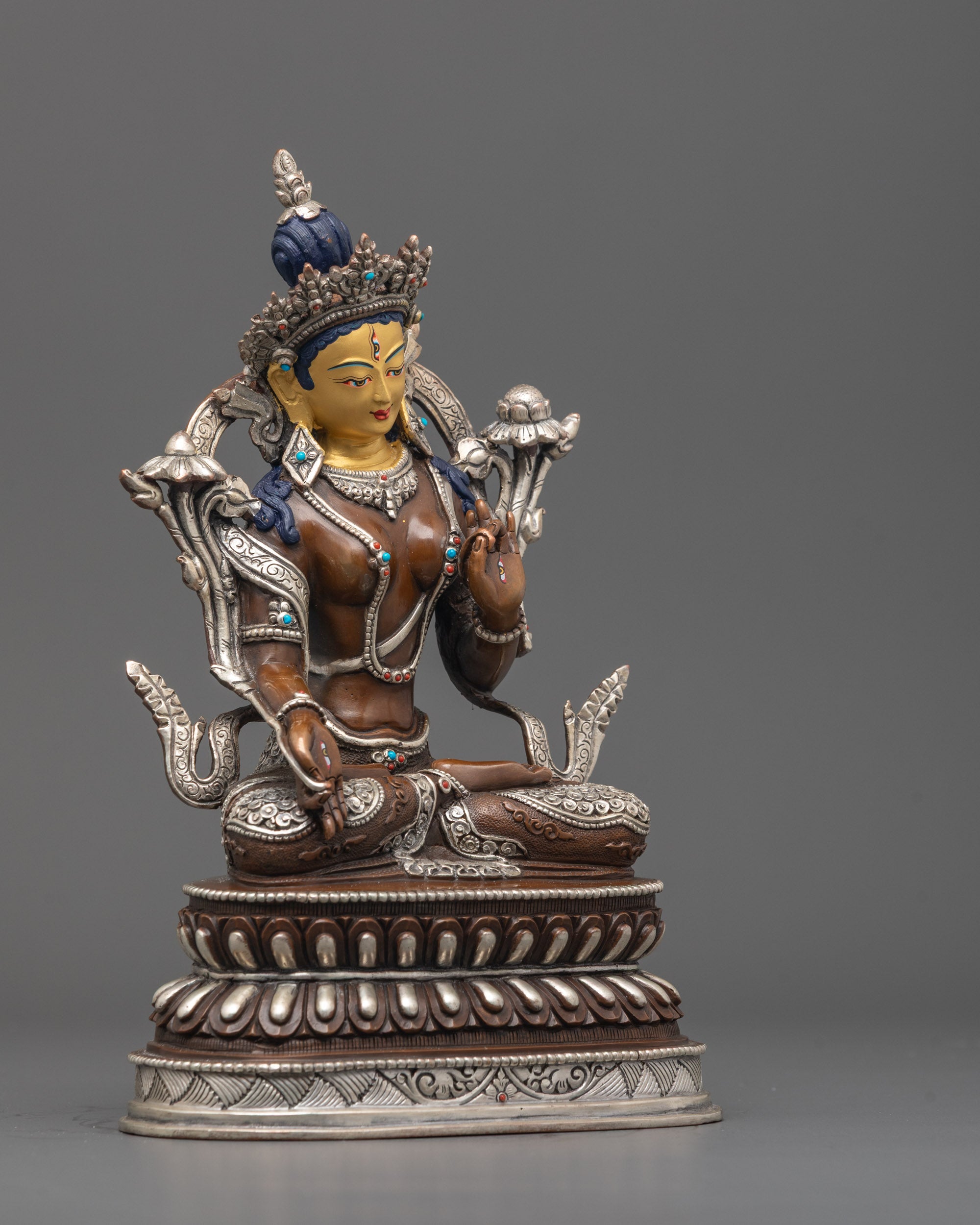 Side Angle of White Tara Sculpture Seated on Double Lotus Base