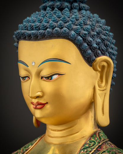 Detailed side close-up of Medicine Buddha Statue Face with Compassionate Expression