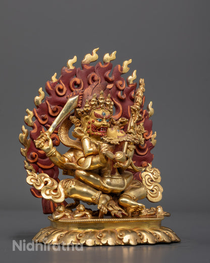 Side Profile of Chaturbhuja Mahakala | 24 fire Gold GIlded on copper statue
