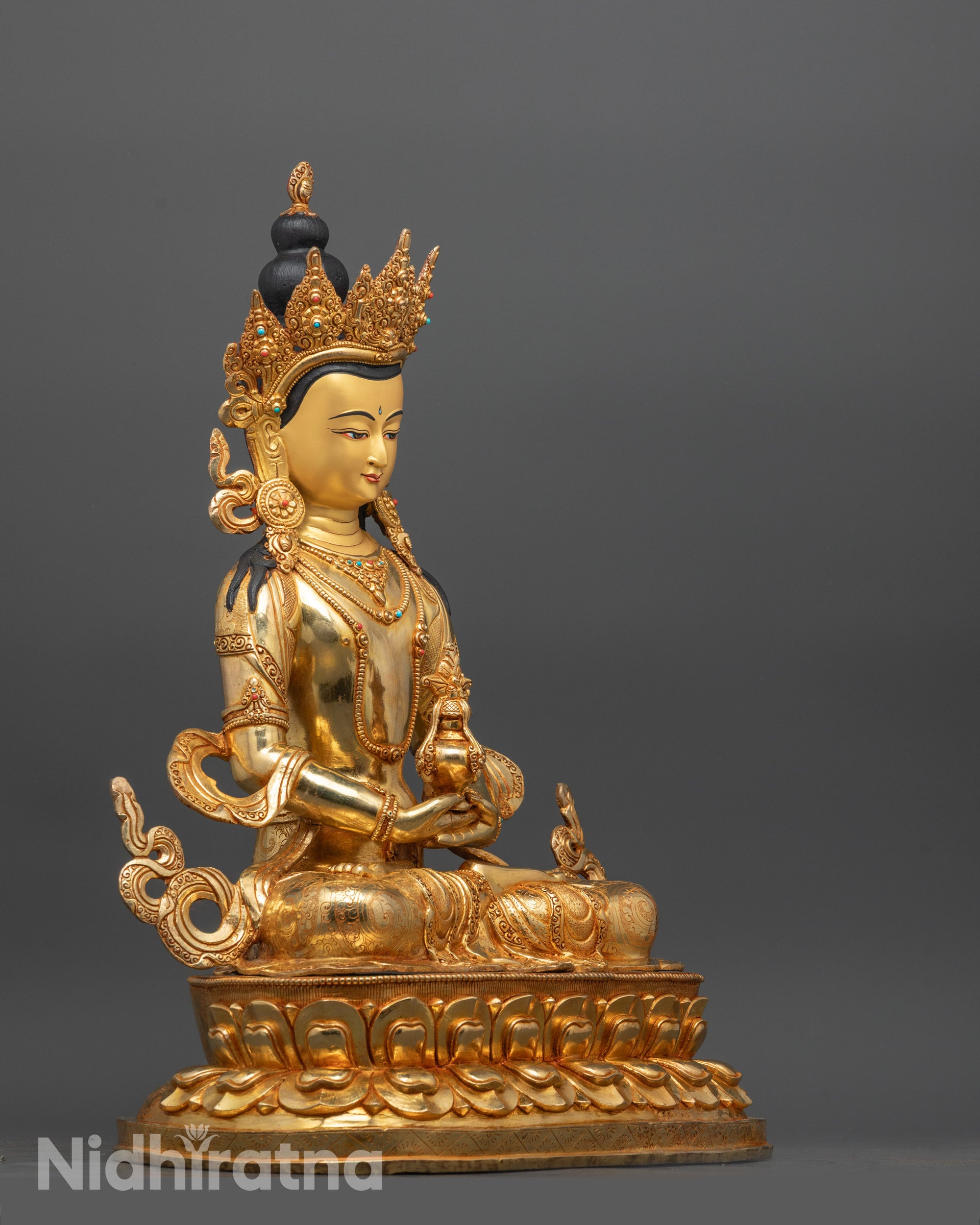 Side View of Amitayus Long Life Buddha Statue with Intricate Copper Carvings