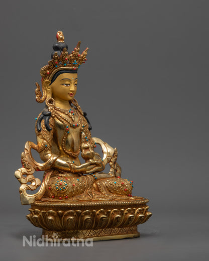 Amitayus Statue in Copper with Acrylic Colors and Traditional Tibetan Design