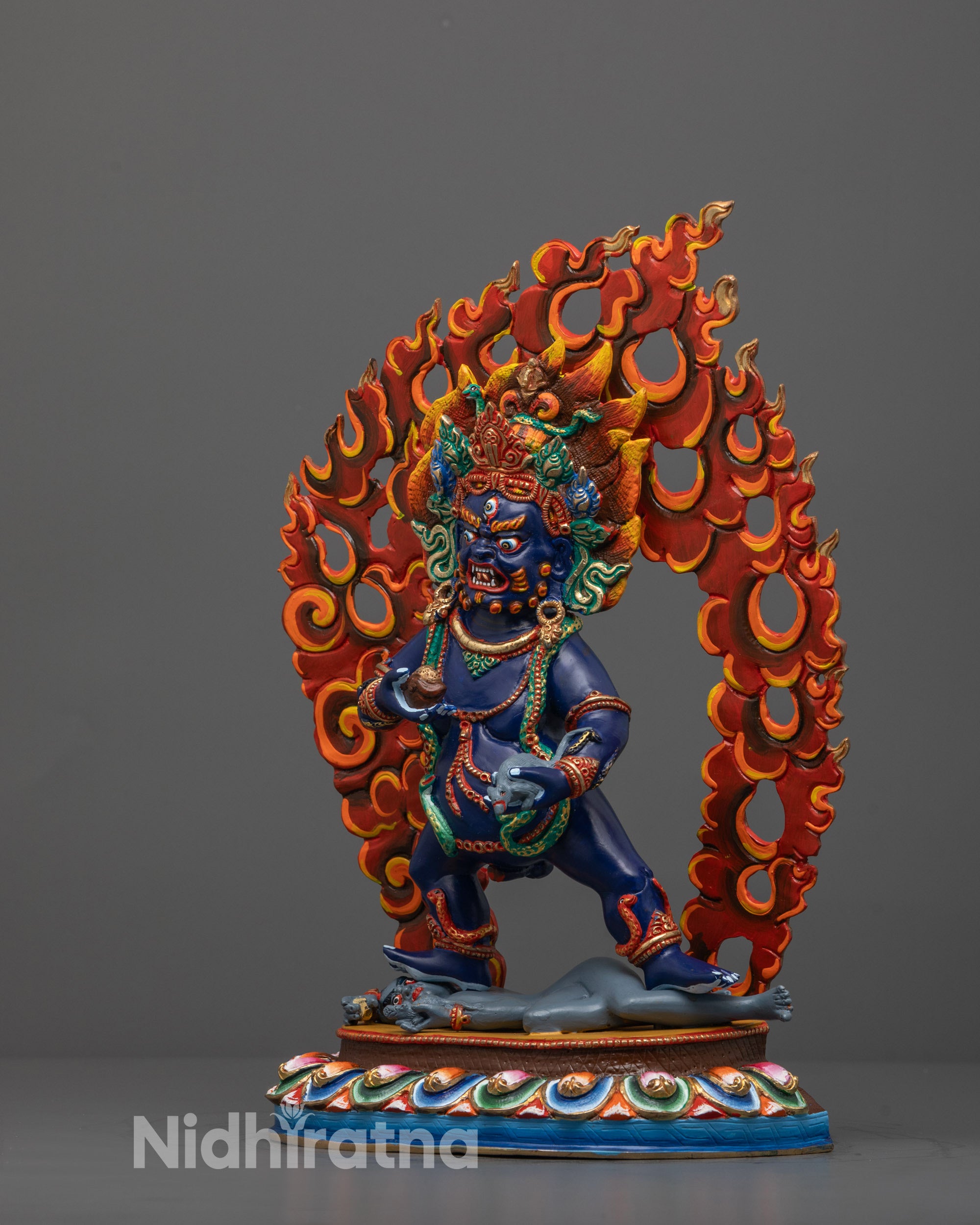 Side View of Copper Black Dzambhala Statue with Traditional Himalayan Detailing