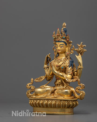 Side View of Four-Armed Chenrezig Statue Showing Elegant Mudras