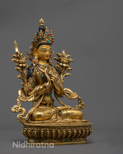 Manjushri Statue Holding Sword of Wisdom and Prajnaparamita Text – Symbol of Enlightened Knowledge