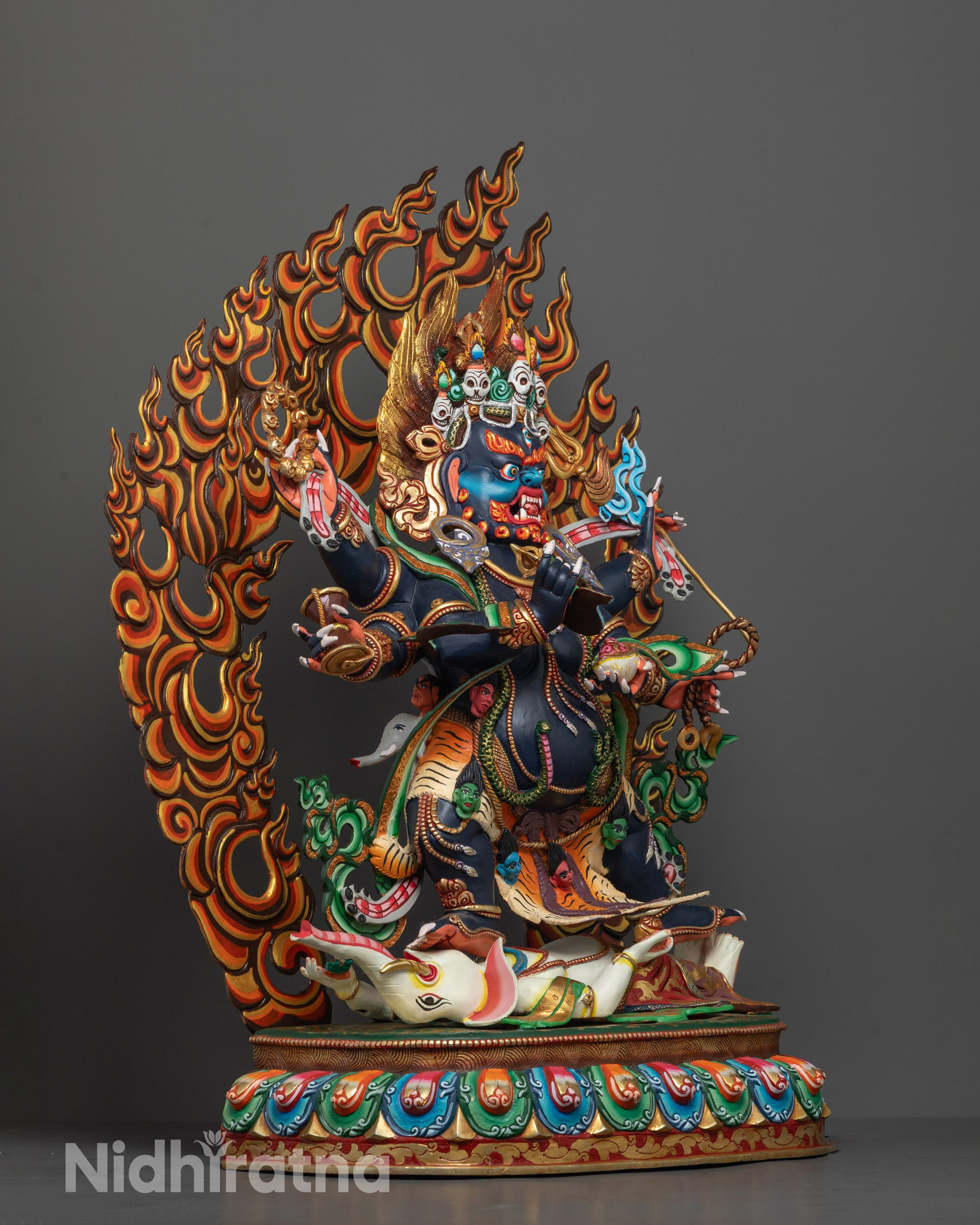 Side View of Six Armed Mahakala Standing on Ganesh Deity