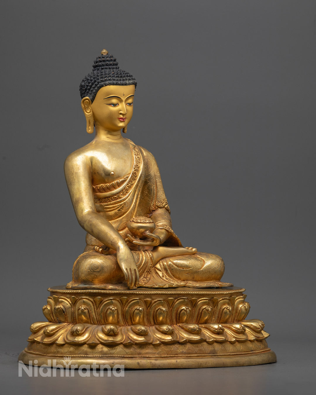 Side View of Traditional Shakyamuni Buddha Statue with Hollow Base for Mantras and Sacred Relics