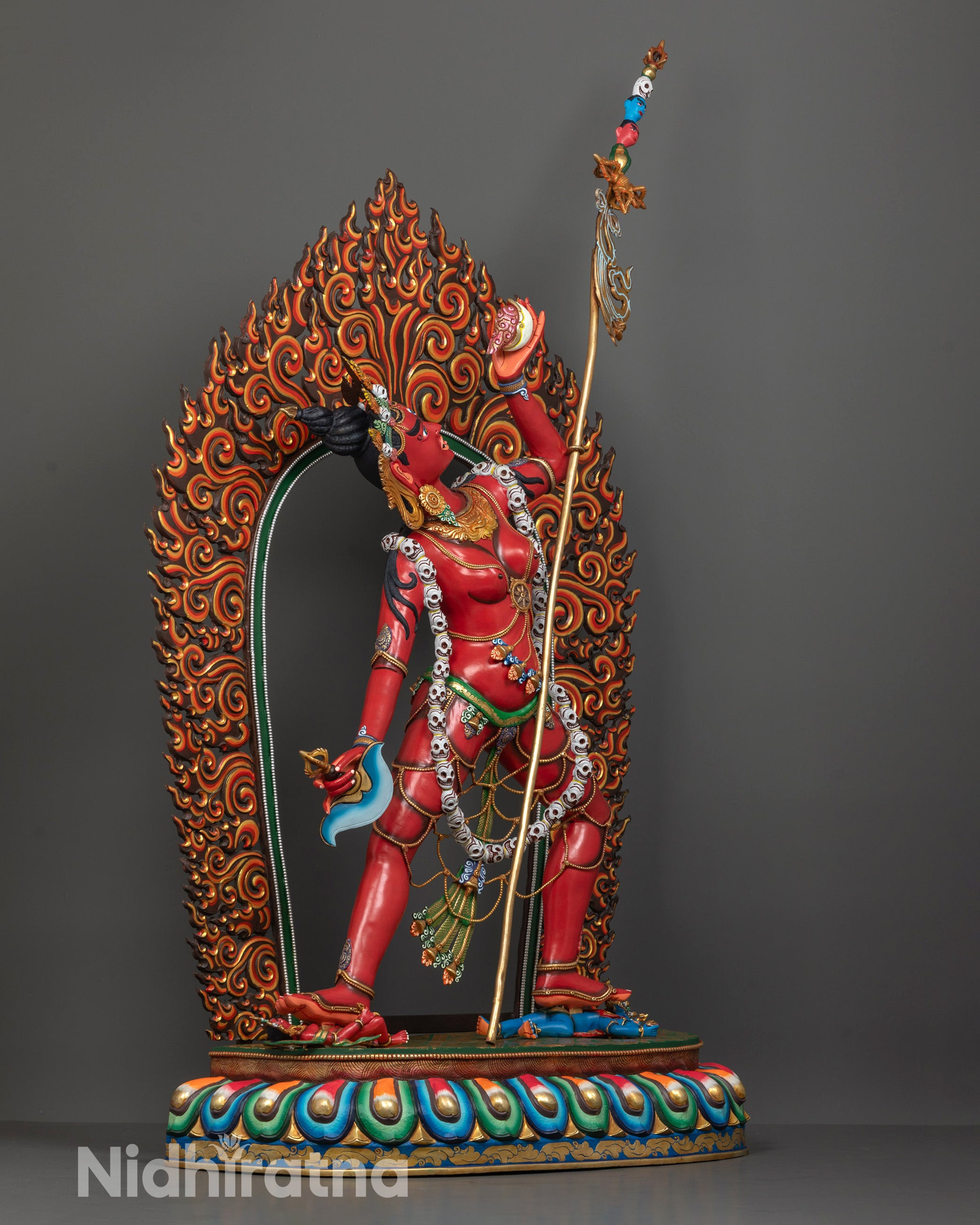 Side View of Vajrayogini Statue with Fierce Flame Halo and Vajra-Handled Curved Knife