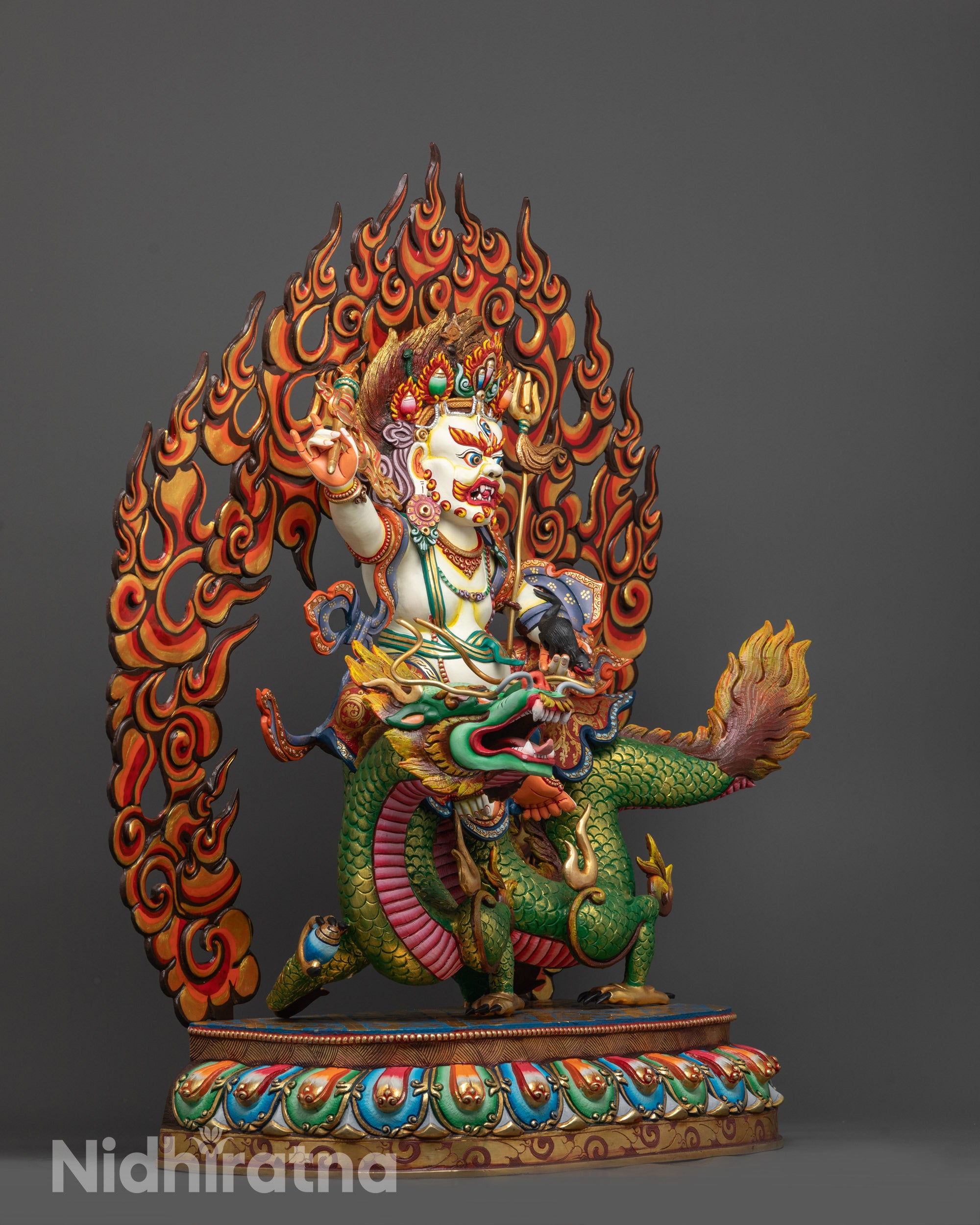 Side View of White Dzambhala on Mythical Dragon with Gold-Plated Accents