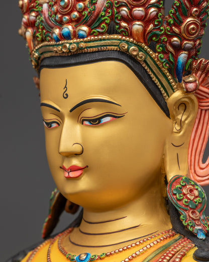 Side angle 24K gold Mitrugpa face profile hand-carved details Buddhist sculpture art